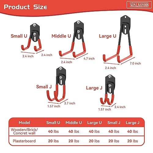 WALMANN Garage Storage Hooks, Wall Mount Utility Hooks for Tools | Wall Hooks for Ladders, Cords, Folding Chairs, Shovels and Rakes, Shelving Hooks for Keyhole Shelving Units - style: Orange-red Hook