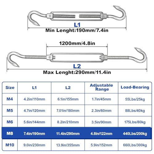 TooTaci 10PCS M8 Turnbuckle, 304 Stainless Steel Turnbuckle Hook and Hook | Turnbuckle Wire Tensioner, 440 lb Heavy Duty Adjustable Turnbuckles for Cables Wire, Cable Tightener, Trampoline, Tent, Tarps - size: M8 CC-10Pcs