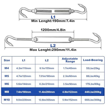 TooTaci 10PCS M8 Turnbuckle, 304 Stainless Steel Turnbuckle Hook and Hook | Turnbuckle Wire Tensioner, 440 lb Heavy Duty Adjustable Turnbuckles for Cables Wire, Cable Tightener, Trampoline, Tent, Tarps - size: M8 CC-10Pcs