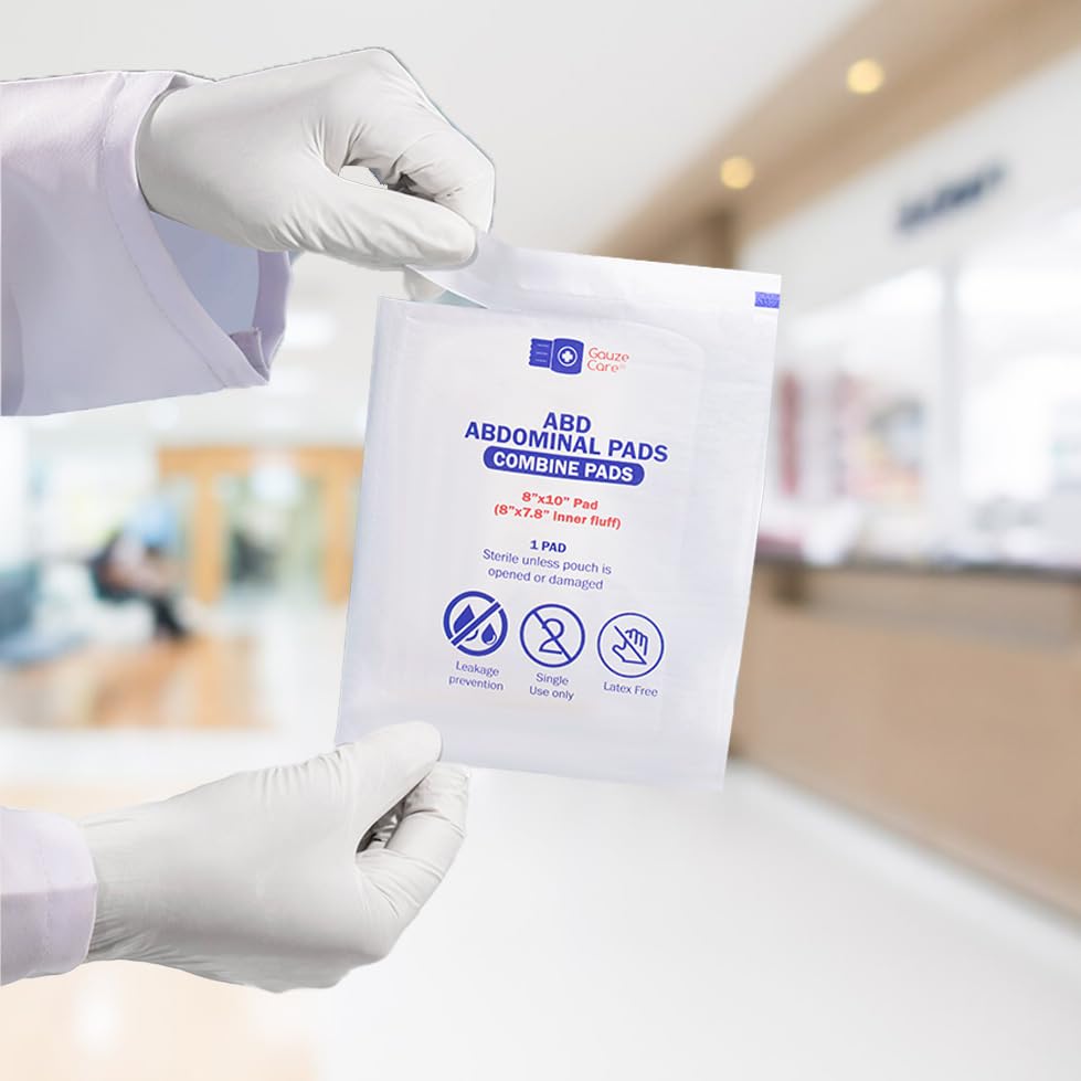 GauzeCare Sterile Abdominal- ABD Combine Pads| 24-Pack, 8x10 Inches| Extra Absorbent & Thick, Individually Wrapped Wound Dressing, First Aid Pads| Surgical-Grade, Nonstick- for Heavy Leakage, Post Op - size: 8"x10" (24 Pads)