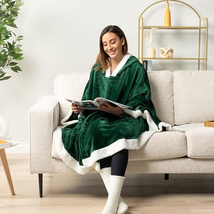 PAVILIA Hooded Blanket Poncho for Women, Fleece Wearable Shawl Wrap, Green | Fleece Shawl Wrap with Hood, Adult Wearable Blanket, Cozy Warm Poncho Cape Throw with Pockets, Gift for Elderly Mom - color: Green