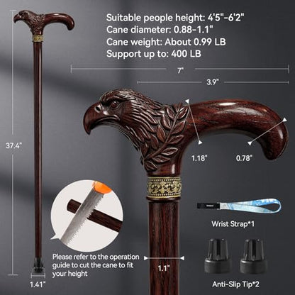 Wooden Cane, Hand Carved Eagle Walking Cane for Men Women - color: Chestnut Brown