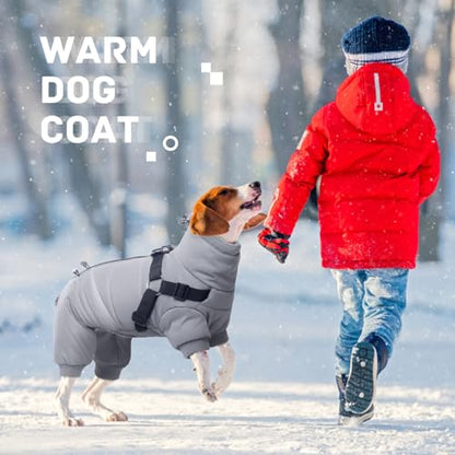 BRKURLEG Grey Dog Winter Coat, Cozy Winter Dog Jackets, Small Dogs Coat with Harness, Onesie Body Warm Puppy Jacket, Pet Reflective Windproof Cold Weather Jackets, Puppy Four-Legged Puffer Coats, M - color: Grey, size: Medium