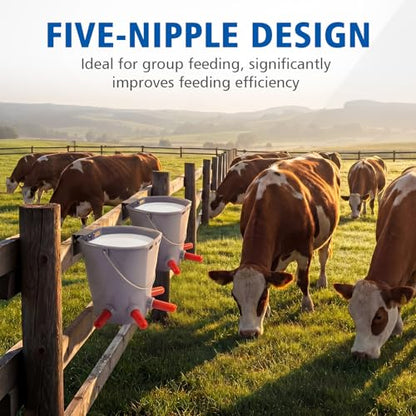 Sawysine 3 Pcs 8.45 Quart Calf Nursing Bucket, Five Teats Feeder with Metal Hanger, Hanging Calf Pail with Nipple Livestock Feeder for Over The Fence, Stall, Barn, Cowshed/Cattle Housing - color: Five Teats