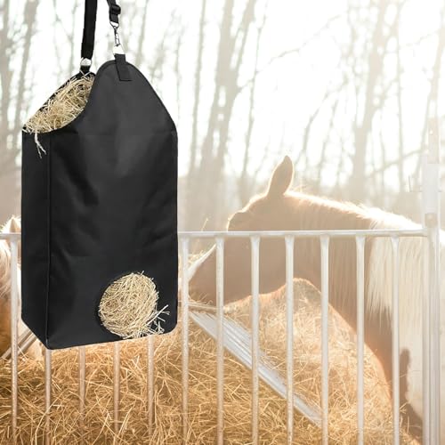 2 Pcs Goat Hay Feeder Horse Hay Bags Large Capacity Feeding Bag, Hay Nets Slow Feed Hay Bag Less Hay Waste Tote Bag with Metal Ring and Adjustable Strap for Sheep, Goats, Horses