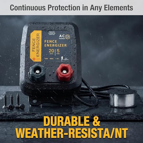 Electric Fence Charger 5 Mile / 20 Acre Range AC Powered 120V with 0.2 Joule Output Includes 250 Ft 17 Gauge Aluminum Wire & 4 Anti-Rust Screws for Raccoons, Skunks, Squirrels & Livestock Protection - color: 0.20 Joule With accessories