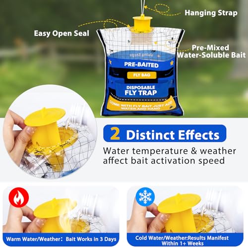 Large 4 Pack Pre-Baited Fly Traps Outdoor Fly Trap for Patio Farm Ranch | 50g Dissolvable Bait Fly Hunter for Flying Insects, Weatherproof Outdoor Fly Bags, Fly Catcher for Chicken Coop Barn