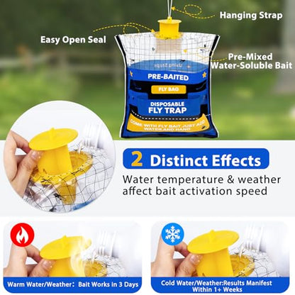 Large 4 Pack Pre-Baited Fly Traps Outdoor Fly Trap for Patio Farm Ranch | 50g Dissolvable Bait Fly Hunter for Flying Insects, Weatherproof Outdoor Fly Bags, Fly Catcher for Chicken Coop Barn