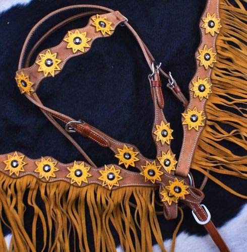 Showman Sunflower Overlay Browband Headstall & Breast Collar Set w/Fringe & Reins! New Horse TACK!