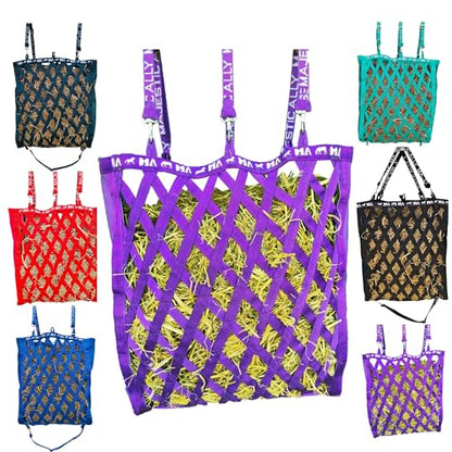 Majestic Ally Double Side Open Slow Feeder Hay Bag - Diamond Shaped Obliquely Placed Webbing (Purple) - color: Purple