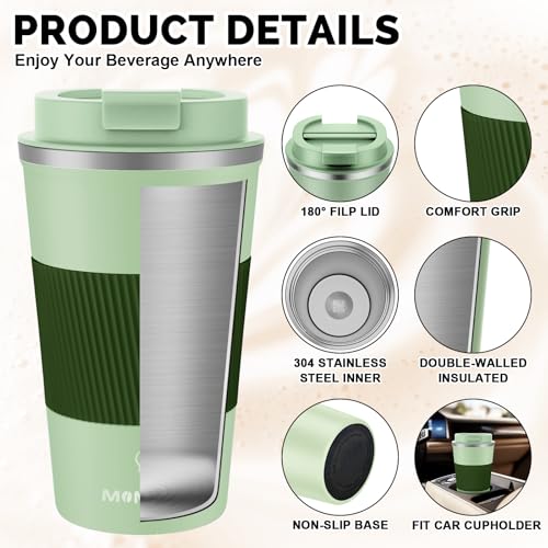 MOMSIV 17oz Travel Coffee Mug, Insulated Coffee Cup with Leakproof Lid - color: B-Light Green-17oz