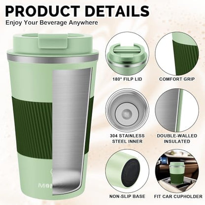 MOMSIV 17oz Travel Coffee Mug, Insulated Coffee Cup with Leakproof Lid - color: B-Light Green-17oz