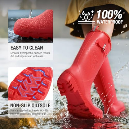 HISEA Women Rain Boots Slim Calf Tall Waterproof Tight PVC Rubber Rainboots - color: Red-slim Calf, size: 7