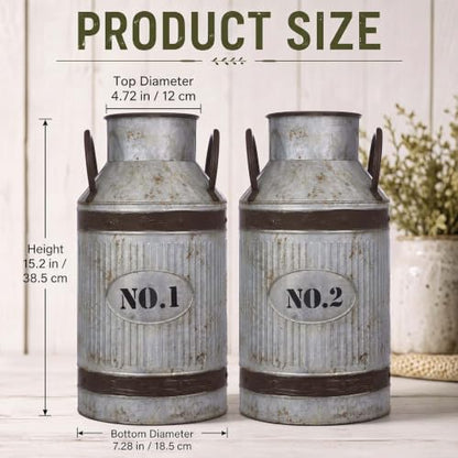 2 Pcs 15.2'' Large Rustic Galvanized Metal Milk Can Vase with Handle