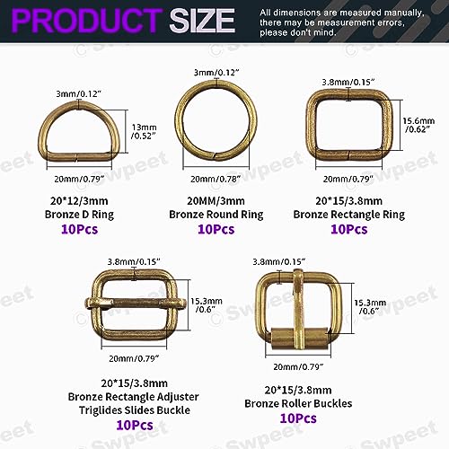 Swpeet 5 Style Metal Buckles - Adjustable Slide, D Ring, Circular Ring - color: Bronze, size: 1 Inch