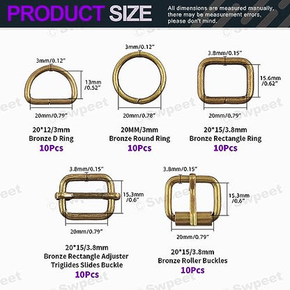 Swpeet 5 Style Metal Buckles - Adjustable Slide, D Ring, Circular Ring - color: Bronze, size: 1 Inch