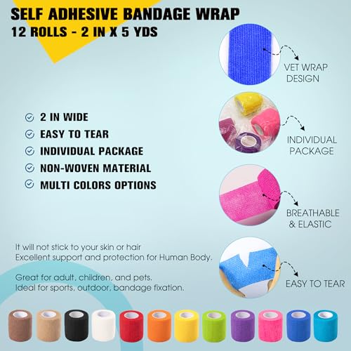 12 Pack Self Adhesive Bandage Wrap, 2 in x 5 Yards Vet Wrap Tape, Black | Non-Woven Self Adherent Cohesive Bandage for Thumb, Finger, Wrist, Knee, Ankle - color: Black