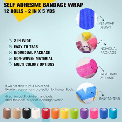 12 Pack Self Adhesive Bandage Wrap, 2 in x 5 Yards Vet Wrap Tape, Blue | Non-Woven Self Adherent Cohesive Bandage for Thumb, Finger, Wrist, Knee, Ankle - color: Blue