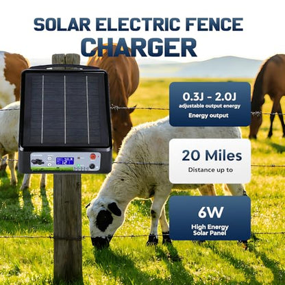 20 Miles Solar Electric Fence Charger, Adjustable Output Voltage: 6/8/10/12kV, 2J Solar Powered Electric Fence Charger Supports Battery/Solar/AC Power,Ideal for Livestock/Garden/Yard/Farm Protection