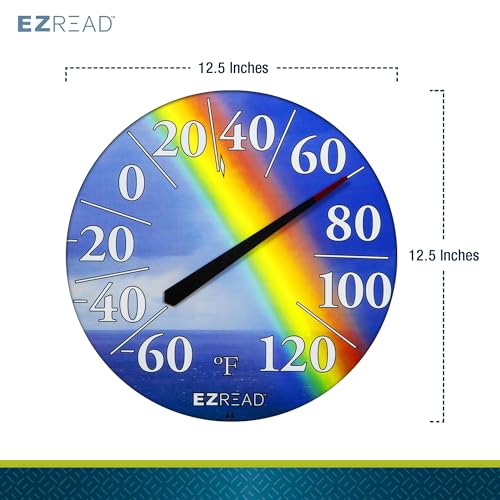 EZREAD Hanging Dial Thermometer 840-1220 Weather Thermometers for Indoor and Outdoor Use, Large 12.5 Inch Diameter, Easy to Read Numbers, Rainbow, Blue/Red/Yellow - color: Rainbow