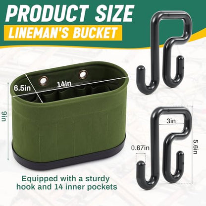 Vesici 2 Set Military Green Canvas Bucket Bag Including Hooks Aerial Oval Lineman Tool Bucket with Black Polypropylene Bottom 15 Pockets Tool Organizer for Industrial Maintenance Construction Sites - color: Military Green