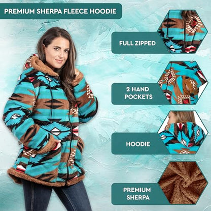 TrailCrest Women's Plush Sherpa Lined Hooded Plaid Zip-Up Jacket - color: Teal Aztec, size: Large