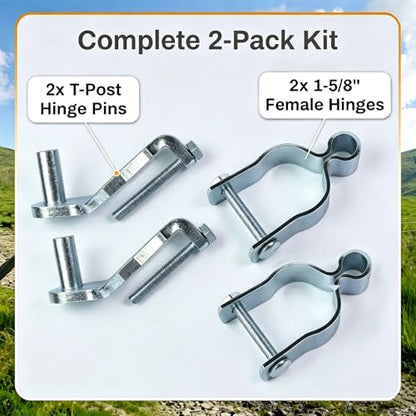 Complete T-Post Gate Hinge Assembly Kit, Galvanized Steel 1-5/8 Inch Chain Link Fence Gate Hinge Pins, Tool-Free Install Hardware for Farm, Garden, Backyard Gates - size: 2Pcs Hinge Pins+2 Pcs 1-5/8 Female Hinges