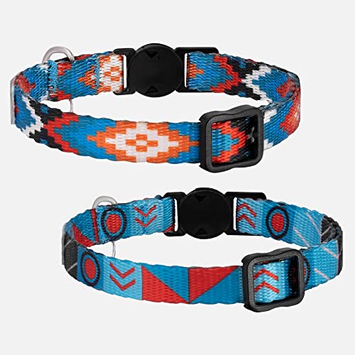 Tribal Aztec Cat Collar 2-Pack, Breakaway with Bell - color: Blue Ethnic & Aztec