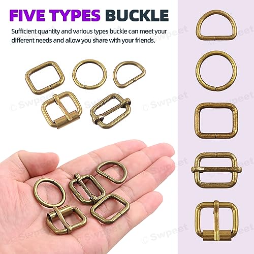Swpeet 5 Style Metal Buckles - Adjustable Slide, D Ring, Circular Ring - color: Bronze, size: 1 Inch