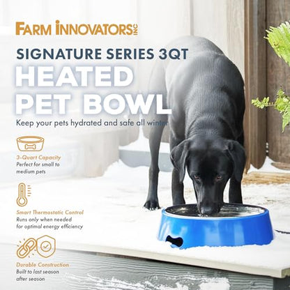 Farm Innovators Heated Pet Water Bowl, 40W Heated Water Dish - 3 Quart Stainless Steel Watering Station with Anti-Chew Cord Protector for Dogs & Cats | Thermostatically controlled to operate only when necessary, non-skid/non-tip rubber bottom, anti-chew c