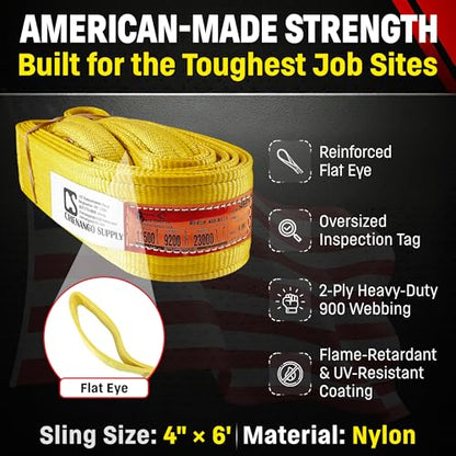 DD Sling 4 Inch x 6 Foot Nylon Lifting Sling – USA Made, 11,500 lb Vertical, 9,200 lb Choker, 23,000 lb Basket – 2-Ply Heavy Duty 900 Webbing, Type 3 Flat Eye & Eye Rigging Sling - size: 4"x6'