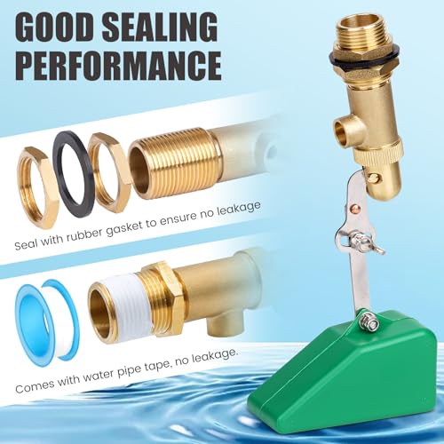 3/4 Inch Float Valve, Brass Water Float Valve for Water Tank, Float Ball Valve with Adjustable Arm for Livestock Waterer, Fountain, Aquarium, Aquaculture, Auto Water Level Control (1, green)