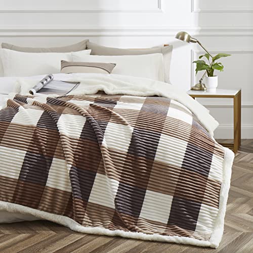 PU MEI Sherpa Blanket Full/Queen Plaid Thick Bed Blanket, 90”*80” Super Soft Flannel Fuzzy Fleece Reversible Velvet Plush Warm Blanket for Couch(Beige Check, 80"*90") - color: Beige Check, size: 80"*90"