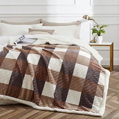 PU MEI Sherpa Blanket Full/Queen Plaid Thick Bed Blanket, 90”*80” Super Soft Flannel Fuzzy Fleece Reversible Velvet Plush Warm Blanket for Couch(Beige Check, 80"*90") - color: Beige Check, size: 80"*90"