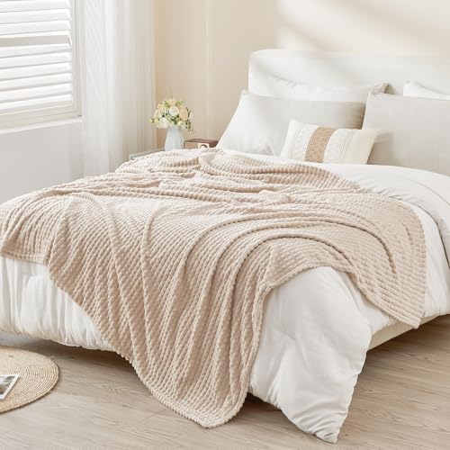 EMME Fleece Blanket, 3D Jacquard Throw Blanket for Couch and Bed, Soft Cozy and Fluffy Blankets Lightweight Luxury Flannel with Geometric Grid Design (Beige, 108" x 90") - color: 01-grid-beige, size: King