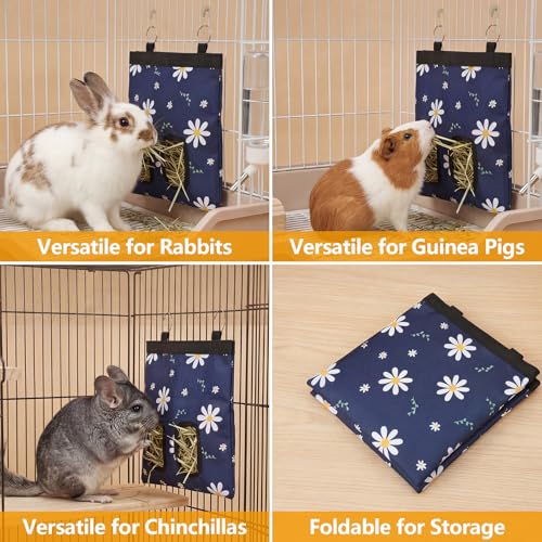 Ondware Hay Feeder Bag for Rabbits & Guinea Pigs, Hanging Dual-Port, Blue