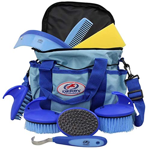 Derby Originals 9Piece Horse Grooming Set with Matching Nylon Carry Bag - Available in 8 Fun Colors, Light Blue & Royal Blue, Model Number: 91-7035-BLU - color: Light Blue/Royal Blue