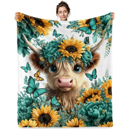Jekeno Highland Cow Sunflower Gifts Blanket Butterfly Floral Throw Blanket - color: Highland Cow, size: 60x80 Inch