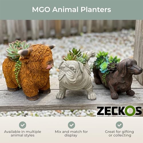 Zeckos Highland Cow Animal Planter, 15 Inch Long Light Brown Textured Fur | Painted Magnesium Oxide, Freestanding Farmhouse Accent, Drain Hole, 6.5 X 5.25 Inch Opening, 10 Inch Deep - color: Cow - Light Brown