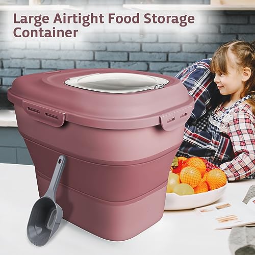 Komzon Rice Storage Bin Cereal Containers, 13-50lb Collapsible Rice Container Dispenser with Transparent Lid, Rolling Wheels, Measuring Cup and Scoop, Airtight Dog Cat Pet Food Storage Container Pink - color: Pink
