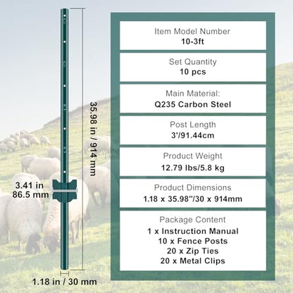 VEVOR 3 Feet Fence Post, 10 Pack U-Channel Heavy Duty Metal Fence Posts with 20 Zip Ties & 20 Clips, Sturdy Steel Fence Stakes for Garden Yard, Lawn, Farms and Outdoor Wire Fencing, Green - size: 3 Feet 10 Pack