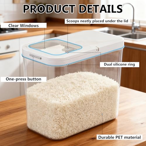 20-25 lbs Rice Dispenser with Measuring Spoon 11.4Qt/12L Tall and Narrow Food Storage Flour Bin Large Airtight Food Storage Rice Container for Kitchen Pantry Organization Slim Space-Saving