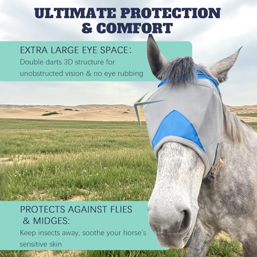 Horse Fly Mask Without Ears, Breathable Mesh UV Protection, Soft Fleece Trim, Adjustable Secure Fit, No Eye Rubbing, Lightweight for Turnout (L) - size: Large