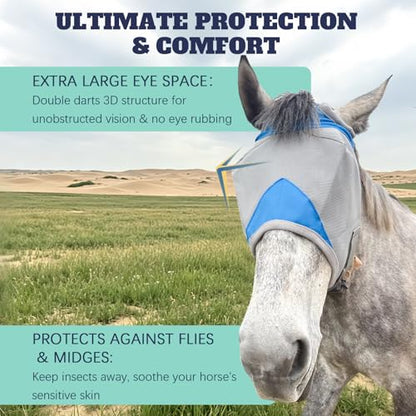 Horse Fly Mask Without Ears, Breathable Mesh UV Protection, Soft Fleece Trim, Adjustable Secure Fit, No Eye Rubbing, Lightweight for Turnout (Small) - size: Small