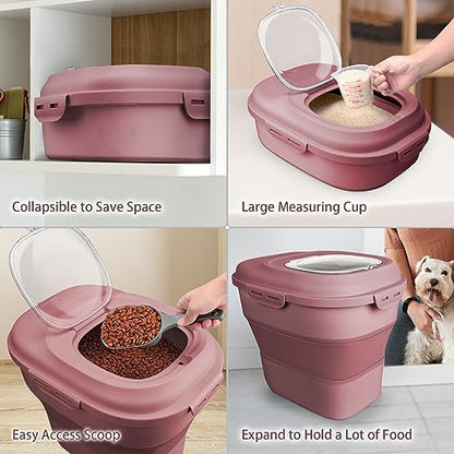 Komzon Rice Storage Bin Cereal Containers, 13-50lb Collapsible Rice Container Dispenser with Transparent Lid, Rolling Wheels, Measuring Cup and Scoop, Airtight Dog Cat Pet Food Storage Container Pink - color: Pink