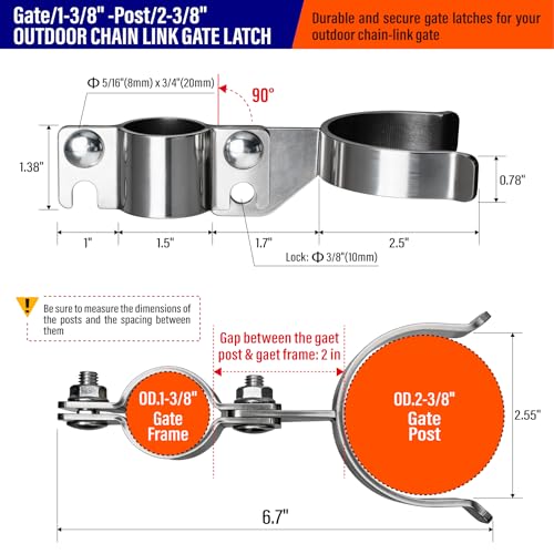 Heavy Duty Stainless Steel 1-3/8" x 2-3/8" Chain Link Fence Gate Fork Latch with Hole for Padlock（Fit 1 3/8" Gate Frame） 1Pack - size: 1-3/8''x2-3/8''-1P