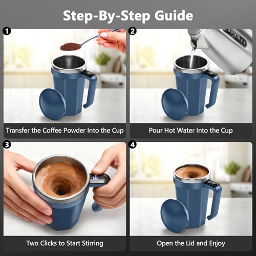 Self Stirring Coffee Mug with Temperature Display, 18 oz Rechargeable Self Stirring Mug with Lid, Automatic Self Stirring Cup, Coffee Mug with Stainless Steel for Coffee, Milk, Beverages, Blue - color: Blue