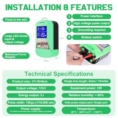 12KV Electric Fence Charger,15 Miles, 3 Joules Electric Fence Kit - color: Green