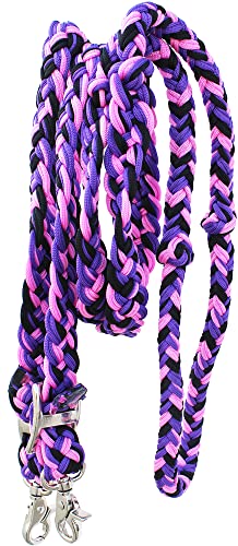CHALLENGER Horse Western Nylon Braided 8 Ft. Knotted Roping Barrel Reins Purple Teal Orange 60737 - color: Purple / Pink / Black