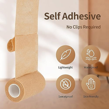 Self Adhesive Bandage Wrap - 4 Inch x 5 Yards, 12 Pack | Cohesive Tape for Sports Support & Vet Wrap for Dogs, Horses, Pets | Breathable & Painless Removal (Beige)